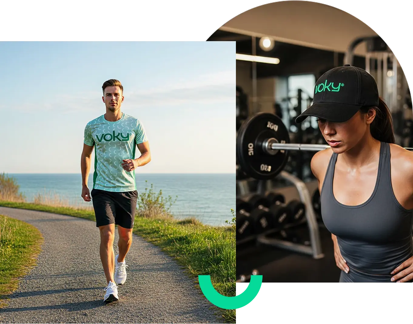 Man springer utomhus i Voky-m&auml;rkt tr&auml;ningstr&ouml;ja, och kvinna tr&auml;nar p&aring; gym med Voky-keps.