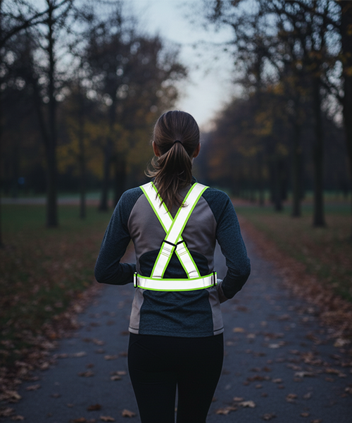 En kvinna sedd bakifr&aring;n springer p&aring; en l&ouml;vbelagd stig i skymningen och b&auml;r en limegr&ouml;n reflexsele med reflekterande kors- och horisontella band.
