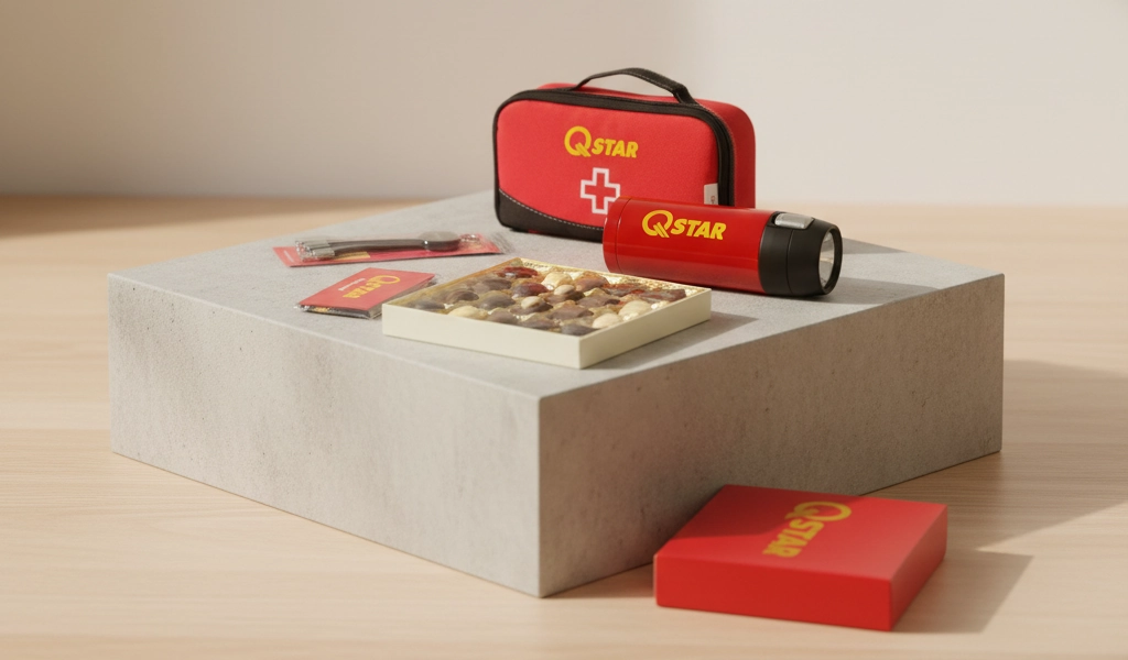 Qstar-märkt merchandise, inklusive en röd första hjälpen-väska, en röd ficklampa och en låda med praliner.